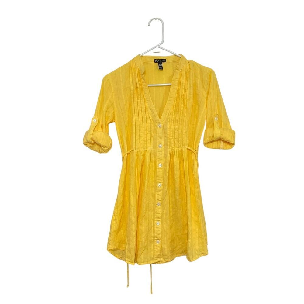 Y2K Style Fang Pintuck Blouse Tunic Button Front Tab Sleeves Size Small Cotton - Picture 2 of 8